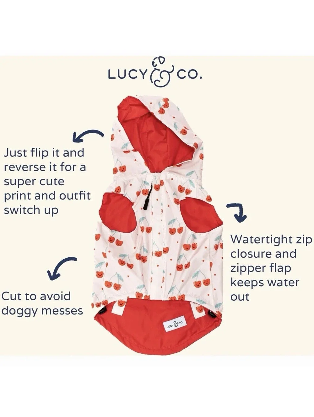 Lucy & Co. Cherry Cherries Reversible Dog Raincoat, XXL, Zipper, Hood, Red, Pink